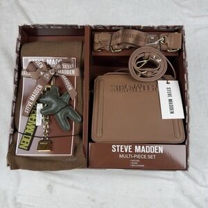 Steve Madden Multi-Piece Set Bevelyn Satchel Bag Scarf Charms Gift Box Tan New